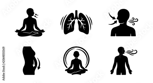 Bild auf Leinwand Breathing Exercise Icons: Yoga, Meditation, Lungs, Respiration, Health, Wellness