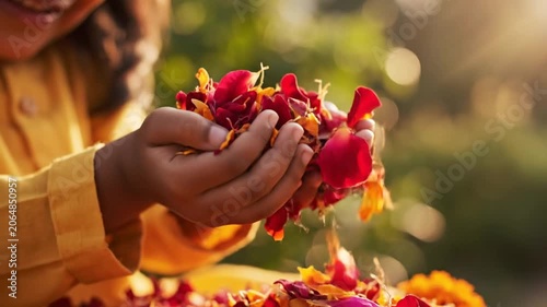 Hands holding pile of orange marigold and rose petals.
