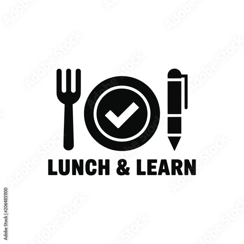 Lunch and learn logo icon with plate, cutlery and pen representing professional training, workshops and educational events.