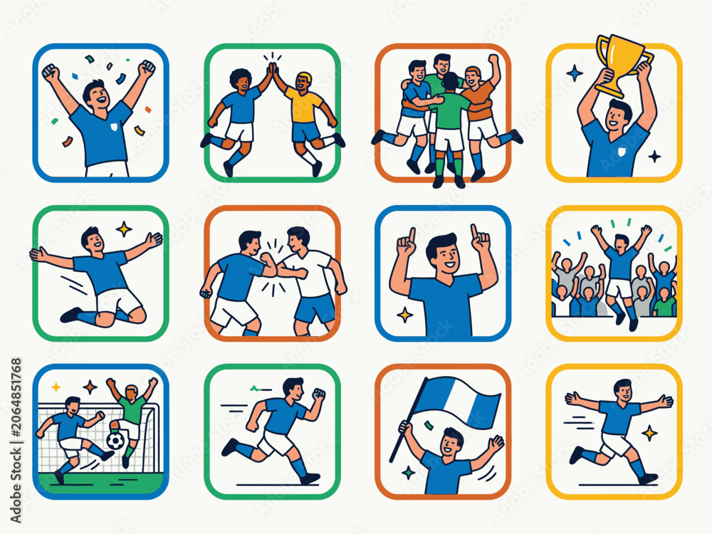 Fototapeta premium Soccer players in various celebratory poses.