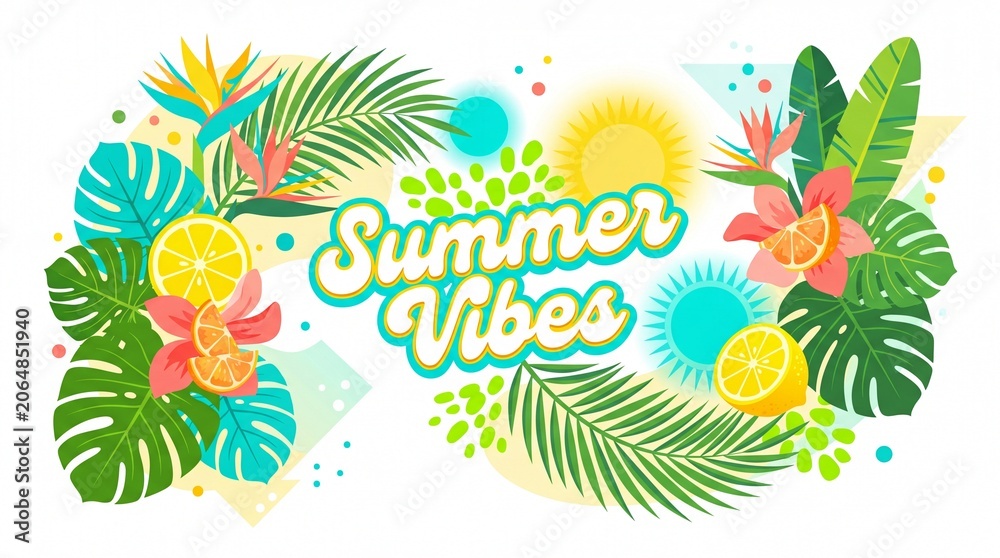 Obraz premium Vibrant tropical foliage wreath banner displaying summer celebration and joy.