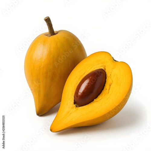 Fresh canistel fruit or egg fruit whole and half cut with seed isolated on white background, yellow sapote pouteria campechiana tropical exotic fruit