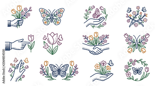 Elegant Handcrafted Floral Collage Art with Halftone Hand Vintage Butterfly Tulips and Blooming Branches in IconaStudio 6 Creative Design Style for Print and Digital Media