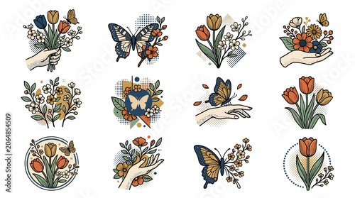 Creative floral collage with halftone hand vintage butterfly tulips and flowering branches for artistic design projects