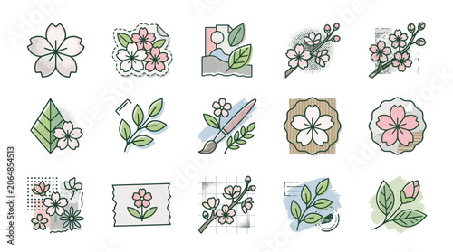 Spring Botanical Art Collection with Cherry Blossom Stickers Vintage Photocopy Overlays Mixed Media Design Elements Watercolor Textures Hand Drawn Florals Retro Aesthetic Seasonal Decor Digi