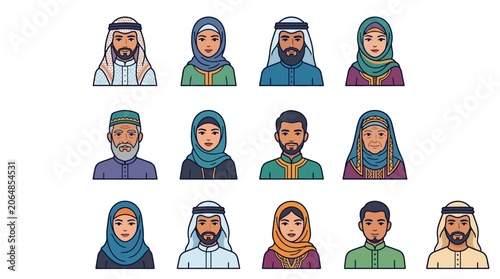 Colorful Arabian Avatar Collection with Men and Women in Traditional Muslim Clothing Semi Flat Design Style for Creative Projects