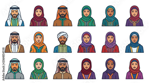 Vibrant Semi Flat Style Collection of Modern and Traditional Arabian Avatars Featuring Diverse Men and Women in Elegant Muslim Attire Including Hijabs Abayas Thobes and Kufis for Digital Des
