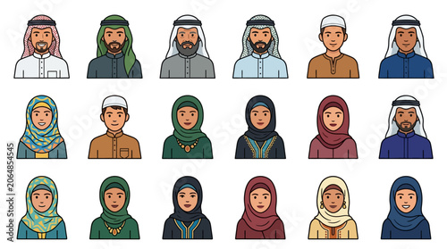 Vibrant Semi Flat Style Collection of Modern and Traditional Arabian Avatars Featuring Diverse Muslim Men and Women in Colorful Cultural Attire for Digital Design and Branding Projects