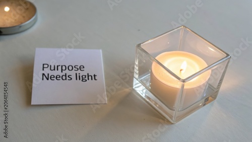 Candle in glass holder beside note with text illustrating purpose and light importance for peaceful ambiance and relaxation