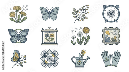 Vintage Floral Collage Artwork with Delicate Dandelion Blossoms Butterfly Motifs Photocopy Texture Aesthetic Retro Botanical Design Digital Handcrafted Style Nature Inspired Decorative Eleme