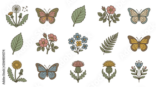 Vintage Inspired Botanical Collage Artwork Featuring Delicate Dandelion Blossoms Butterfly Motifs Photocopy Texture Aesthetic Handcrafted Floral Design Elements Retro Style for Creative Proj
