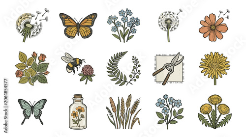 Vintage Inspired Floral Collage Artwork with Dandelion Blossoms Butterfly Accents and Photocopy Texture Aesthetic Digital