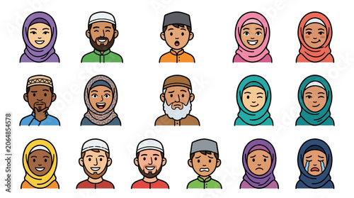 Diverse Multicultural Muslim Community Icon Set with Vibrant Cartoon Faces Emotions and Customizable Expressions for Design Projects Editorial and Commercial Use