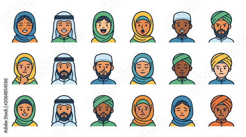 Multicultural Muslim People Icon Pack with Expressive Cartoon Faces and Editable Emotions for Diverse Design Projects