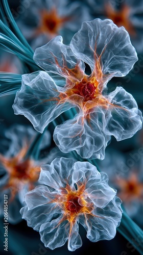 Macro bio engineered cellular matrix showing microscopic view of replicating stem cells in translucent fluid environment.