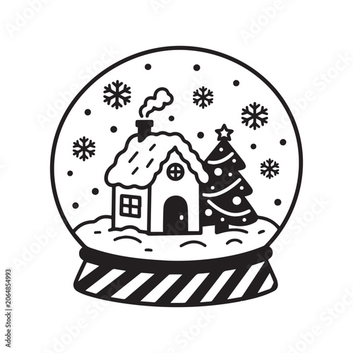 Christmas Snow Globe Hand Drawn Outline Illustration With Winter House And Tree.