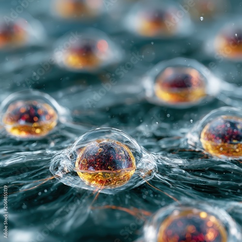 Macro bio engineered cellular matrix showing microscopic view of replicating stem cells in translucent fluid environment.