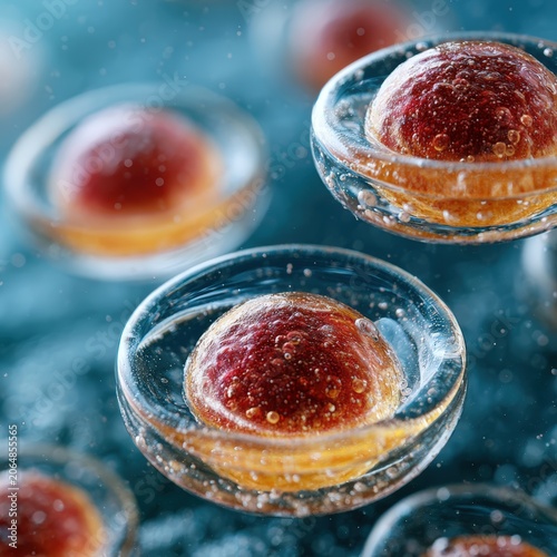 Macro bio engineered cellular matrix showing microscopic view of replicating stem cells in translucent fluid environment.
