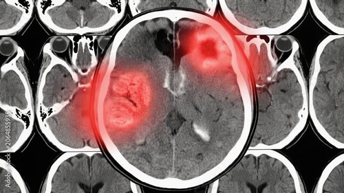 CT brain scan image with glowing red highlights indicating stroke and tumor regions, 4K video
