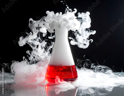 A conical glass container filled with red liquid and white smoke