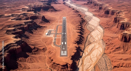Aerial view of a remote desert runway next to a canyon riverbed