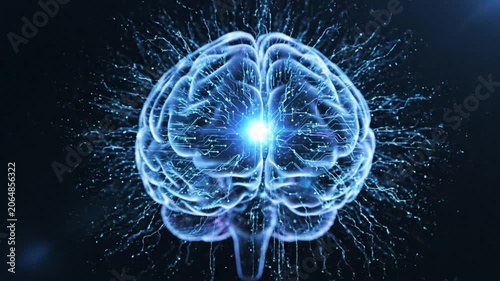 Glowing blue human brain with digital circuit board patterns.