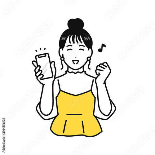 スマートフォンを持って喜ぶまとめ髪の若い女性