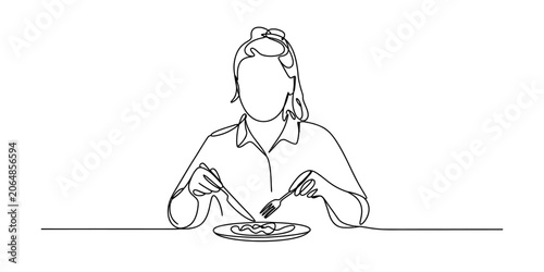 Continuous single line drawing of a woman sitting at a table eating a meal with a fork and knife