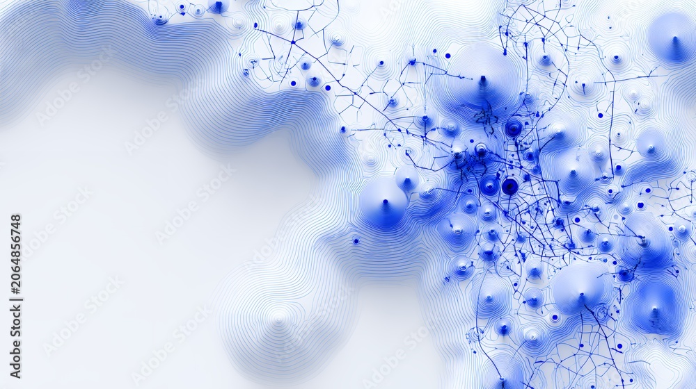 Fototapeta premium Abstract Blue Topographic Contour Lines And Network Nodes On White Background For Big Data Visualization And Tech Connectivity