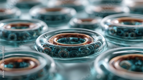 Macro bio engineered cellular matrix showing microscopic view of replicating stem cells in translucent fluid environment.