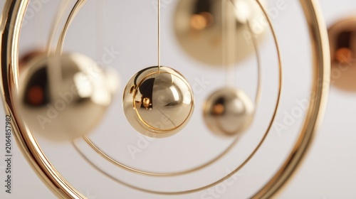 Spherical metallic objects hang within concentric, polished golden rings in a close up shot