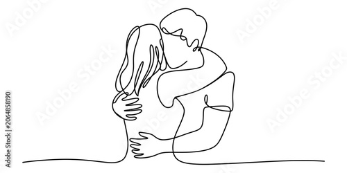 Schilderij op canvas Continuous single line drawing of a man and woman hugging each other with love a