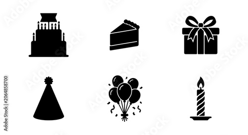 Birthday Party Icons: Cake, Gift Box, Balloons, Hat, Candle, Slice - Celebration Vector Set