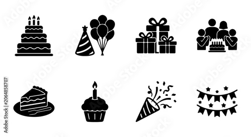 Birthday Celebration Icons: Cake, Gifts, Balloons, Party Hat, Confetti, Bunting, Family