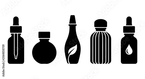 Set of 5 Black Dropper Bottles and Vials, Essential Oil Containers, Serum Packaging Icons