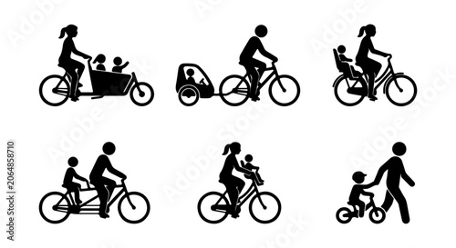 Family Cycling Icons: Parents and Children Riding Bicycles, Cargo Bikes, and Trailers
