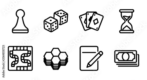 Game Icons Set: Board Game, Dice, Cards, Hourglass, Money, Pawn, Strategy Elements