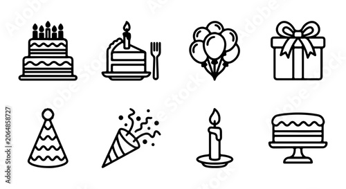Birthday Celebration Icons: Cake, Balloons, Gift, Party Hat, Confetti, Candle Vector Set
