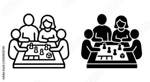 Family Board Game Night Icons, People Playing Strategy Games, Casual Fun Gathering Vector Set
