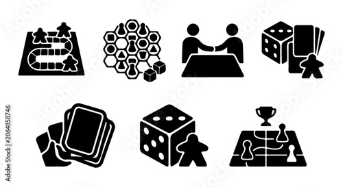 Board Game Icons, Tabletop Entertainment Symbols, Strategy Game Elements, Dice and Pawns Vector Set