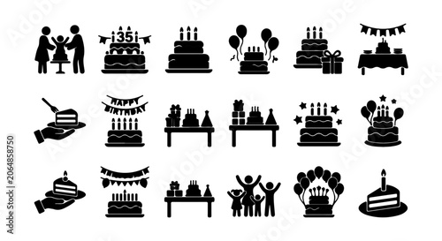 Birthday Celebration Icons, Party Cakes, Balloons, Family Figures, Festive Banners, Vector Graphics Set