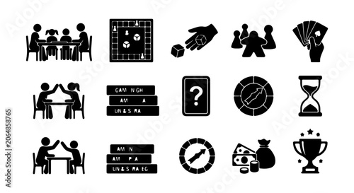 Board Game Icons Set, Family Fun Entertainment, Strategy Play, Dice and Cards Vector Graphics