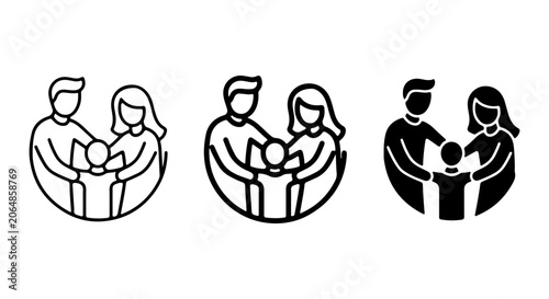 Family Icons, Three Styles: Outline, Filled, Silhouette. Love, Unity, Support Symbols.