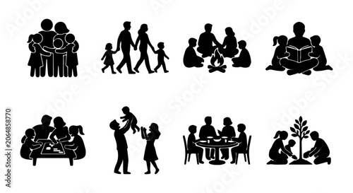 Family Silhouettes Collection, Diverse Activities, People Icons, Vector Graphics