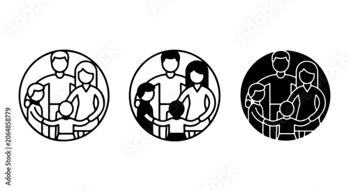 Family Icons Set, Diverse People Silhouettes, Circle Emblems, Modern Minimalist Vector Graphics