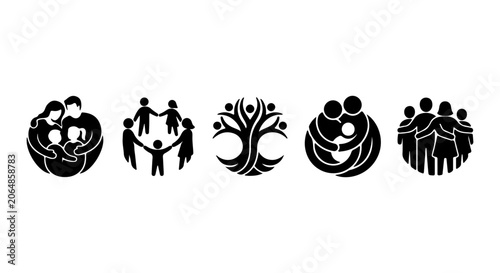 Family and Community Icons, Diverse People Group Symbols, Unity and Connection Vector Graphics