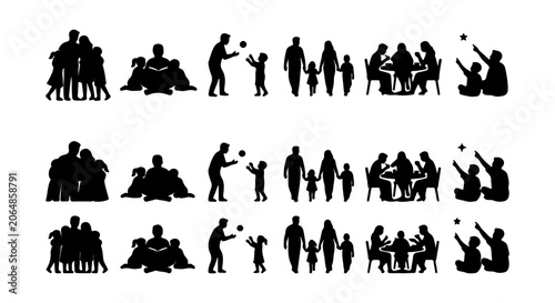 Family Silhouettes, People Group Icons, Diverse Activities, Vector Set