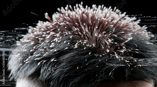 View of human scalp showing healthy sprouting hair follicles and dense roots with high tech clinic interface.
