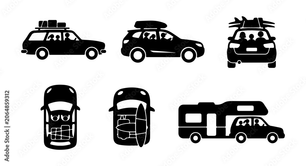 Obraz premium Travel Vehicle Icons: Car, SUV, Camper Van with Luggage, Surfboard, Roof Rack
