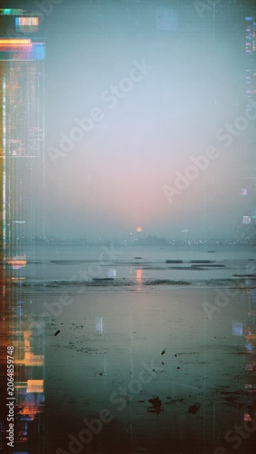 Ethereal sunset over tranquil beach with city skyline and digital glitch effect